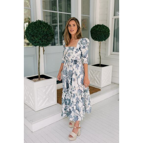 Cara Cara Blue Hill Dress jacobean toile navy blue white Size 4 - Picture 16 of 16